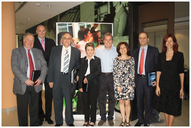 From right to Left: Ms. Lina Matta, Sh. Pierre El Daher, Dr. Carol Moufarrej, Dean Ali Jaber, Dr. Elizabeth Daley, Mr. Osman Sultan, Mr. Sam Barnett, Mr. Philip Seib